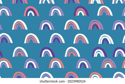 Trendy seamless pattern with colorful rainbow on color background. Design for invitation, poster, card, fabric, textile, fabric. Cute holiday illustration for baby. Scandinavian doodle style.