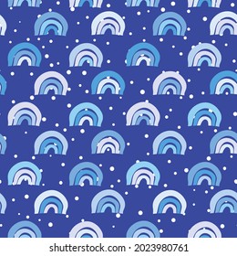 Trendy seamless pattern with colorful rainbow on color background. Design for invitation, poster, card, fabric, textile, fabric. Cute holiday illustration for baby. Scandinavian doodle style.