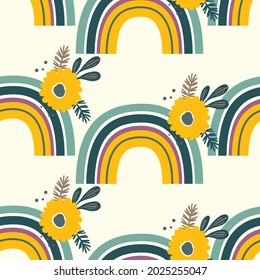 Trendy seamless pattern with colorful rainbow, flowers on color background. Design for invitation, poster, card, fabric, textile, fabric. Cute holiday illustration for baby. Scandinavian doodle style.