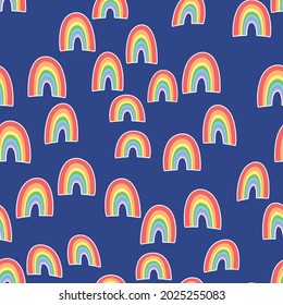 Trendy seamless pattern with colorful  rainbow on color background. Design for invitation, poster, card, fabric, textile, fabric. Cute holiday illustration for baby. Doodle style.