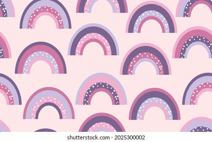 Trendy nahtlose Muster mit buntem Regenbogen auf Farbhintergrund. Design für Einladung, Poster, Karte, Stoff, Textilien, Stoff. Cute Ferien Illustration für Baby. Skandinavischer Doodle-Stil.