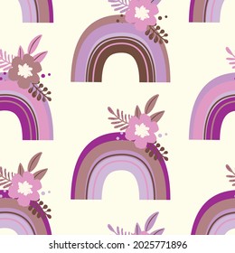 Patrón moderno y sin fisuras con arcoiris colorido, flores sobre fondo de color. Diseño para invitación, afiche, tarjeta, tela, textil, tela. Ilustración de vacaciones para el bebé. Estilo de doodle escandinavo.
