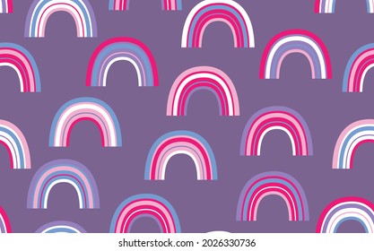 Trendy nahtlose Muster mit buntem Regenbogen auf Farbhintergrund. Design für Einladung, Poster, Karte, Stoff, Textilien, Stoff. Cute Ferien Illustration für Baby. Skandinavischer Doodle-Stil.