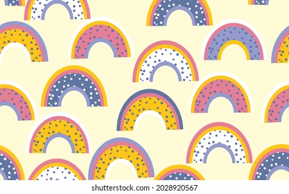 Patrón moderno y sin fisuras con el arcoiris colorido sobre el fondo del color. Diseño para invitación, afiche, tarjeta, tela, textil, tela. Ilustración de vacaciones para el bebé. Estilo de doodle escandinavo.