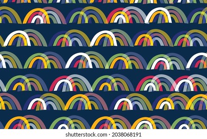 Patrón moderno y sin fisuras con el arcoiris colorido sobre el fondo del color. Diseño para invitación, afiche, tarjeta, tela, textil, tela. Ilustración de vacaciones para el bebé. Estilo de doodle escandinavo.