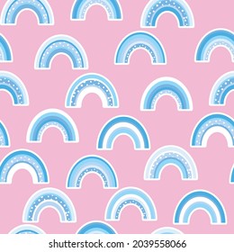 Trendy seamless pattern with colorful rainbow on color background. Design for invitation, poster, card, fabric, textile, fabric. Cute holiday illustration for baby. Scandinavian doodle style.