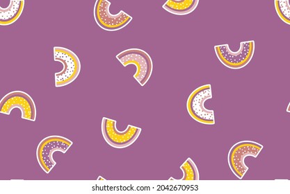 Trendy seamless pattern with colorful rainbow on color background. Design for invitation, poster, card, fabric, textile, fabric. Cute holiday illustration for baby. Scandinavian doodle style.