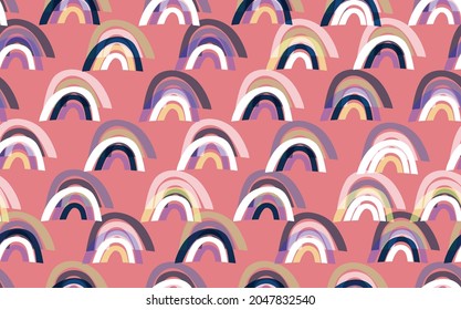 Patrón moderno y sin fisuras con el arcoiris colorido sobre el fondo del color. Diseño para invitación, afiche, tarjeta, tela, textil, tela. Ilustración de vacaciones para el bebé. Estilo de doodle escandinavo.