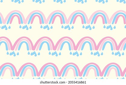 Trendy seamless pattern with colorful rainbow on color background. Design for invitation, poster, card, fabric, textile, fabric. Cute holiday illustration for baby. Scandinavian doodle style.