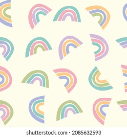 Trendy seamless pattern with colorful rainbow on color background. Design for invitation, poster, card, fabric, textile, fabric. Cute holiday illustration for baby. Scandinavian doodle style.