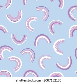 Trendy seamless pattern with colorful rainbow on color background. Design for invitation, poster, card, fabric, textile, fabric. Cute holiday illustration for baby. Scandinavian doodle style.