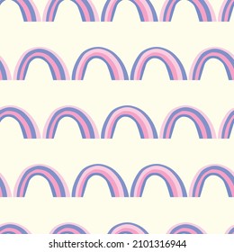 Patrón moderno y sin fisuras con el arcoiris colorido sobre el fondo del color. Diseño para invitación, afiche, tarjeta, tela, textil, tela. Ilustración de vacaciones para el bebé. Estilo de doodle escandinavo.