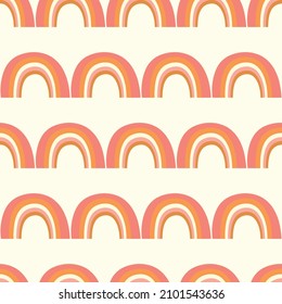 Trendy seamless pattern with colorful rainbow on color background. Design for invitation, poster, card, fabric, textile, fabric. Cute holiday illustration for baby. Scandinavian doodle style.