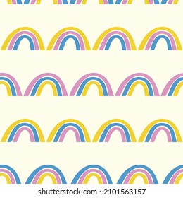Trendy seamless pattern with colorful rainbow on color background. Design for invitation, poster, card, fabric, textile, fabric. Cute holiday illustration for baby. Scandinavian doodle style.