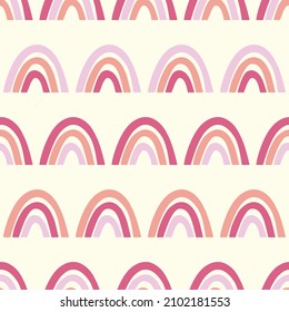Trendy seamless pattern with colorful rainbow on color background. Design for invitation, poster, card, fabric, textile, fabric. Cute holiday illustration for baby. Scandinavian doodle style.