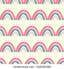 Patrón moderno y sin fisuras con el arcoiris colorido sobre el fondo del color. Diseño para invitación, afiche, tarjeta, tela, textil, tela. Ilustración de vacaciones para el bebé. Estilo de doodle escandinavo.