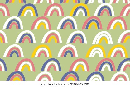 Trendy nahtlose Muster mit buntem Regenbogen auf Farbhintergrund. Design für Einladung, Poster, Karte, Stoff, Textilien, Stoff. Cute Ferien Illustration für Baby. Skandinavischer Doodle-Stil.