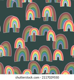 Trendy seamless pattern with colorful rainbow on color background. Design for invitation, poster, card, fabric, textile, fabric. Cute holiday illustration for baby. Scandinavian doodle style.