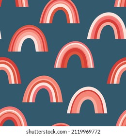Trendy seamless pattern with colorful rainbow on color background. Design for invitation, poster, card, fabric, textile, fabric. Cute holiday illustration for baby. Scandinavian doodle style.