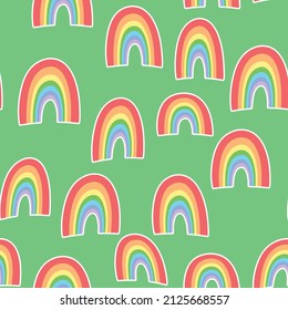 Trendy seamless pattern with colorful rainbow on color background. Design for invitation, poster, card, fabric, textile, fabric. Cute holiday illustration for baby. Scandinavian doodle style.