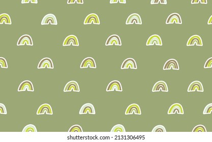 Trendy nahtlose Muster mit buntem Regenbogen auf Farbhintergrund. Design für Einladung, Poster, Karte, Stoff, Textilien, Stoff. Cute Ferien Illustration für Baby. Skandinavischer Doodle-Stil.