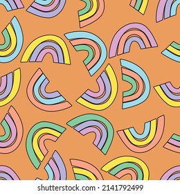 Trendy seamless pattern with colorful rainbow on color background. Design for invitation, poster, card, fabric, textile, fabric. Cute holiday illustration for baby. Scandinavian doodle style.