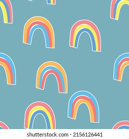 Trendy nahtlose Muster mit buntem Regenbogen auf Farbhintergrund. Design für Einladung, Poster, Karte, Stoff, Textilien, Stoff. Cute Ferien Illustration für Baby. Skandinavischer Doodle-Stil.