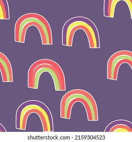 Trendy seamless pattern with colorful rainbow on color background. Design for invitation, poster, card, fabric, textile, fabric. Cute holiday illustration for baby. Scandinavian doodle style.