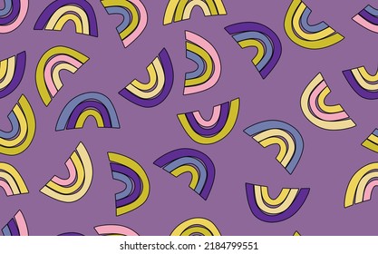 Trendy seamless pattern with colorful rainbow on color background. Design for invitation, poster, card, fabric, textile, fabric. Cute holiday illustration for baby. Scandinavian doodle style.