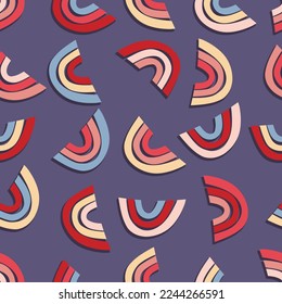 Patrón moderno y sin fisuras con el arcoiris colorido sobre el fondo del color. Diseño para invitación, afiche, tarjeta, tela, textil, tela. Ilustración de vacaciones para el bebé. Estilo de doodle escandinavo.