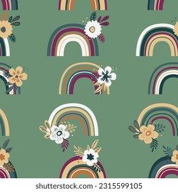 Patrón moderno y sin fisuras con el arcoiris colorido sobre el fondo del color. Diseño para invitación, afiche, tarjeta, tela, textil, tela. Ilustración de vacaciones para el bebé. Estilo de doodle escandinavo.