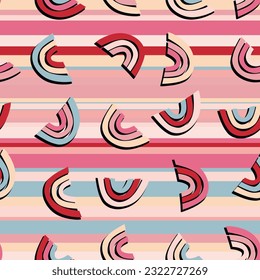 Trendy seamless pattern with colorful rainbow on color background. Design for invitation, poster, card, fabric, textile, fabric. Cute holiday illustration for baby. Scandinavian doodle style.