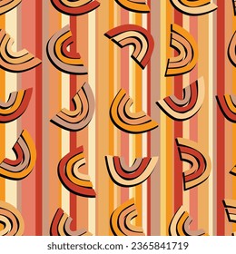 Trendy seamless pattern with colorful rainbow on color background. Design for invitation, poster, card, fabric, textile, fabric. Cute holiday illustration for baby. Scandinavian doodle style.