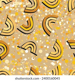 Patrón moderno y sin fisuras con el arcoiris colorido sobre el fondo del color. Diseño para invitación, afiche, tarjeta, tela, textil, tela. Ilustración de vacaciones para el bebé. Estilo de doodle escandinavo.