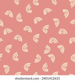 Trendy seamless pattern with colorful rainbow on color background. Design for invitation, poster, card, fabric, textile, fabric. Cute holiday illustration for baby. Scandinavian doodle style.
