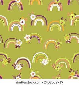 Patrón moderno y sin fisuras con el arcoiris colorido sobre el fondo del color. Diseño para invitación, afiche, tarjeta, tela, textil, tela. Ilustración de vacaciones para el bebé. Estilo de doodle escandinavo.