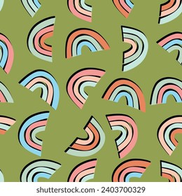 Trendy seamless pattern with colorful rainbow on color background. Design for invitation, poster, card, fabric, textile, fabric. Cute holiday illustration for baby. Scandinavian doodle style.