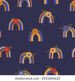 Trendy seamless pattern with colorful rainbow on color background. Design for invitation, poster, card, fabric, textile, fabric. Cute holiday illustration for baby. Scandinavian doodle style.