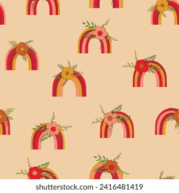 Patrón moderno y sin fisuras con el arcoiris colorido sobre el fondo del color. Diseño para invitación, afiche, tarjeta, tela, textil, tela. Ilustración de vacaciones para el bebé. Estilo de doodle escandinavo.