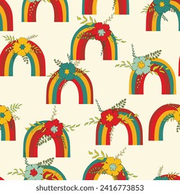 Trendy seamless pattern with colorful rainbow on color background. Design for invitation, poster, card, fabric, textile, fabric. Cute holiday illustration for baby. Scandinavian doodle style.