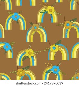 Trendy seamless pattern with colorful rainbow on color background. Design for invitation, poster, card, fabric, textile, fabric. Cute holiday illustration for baby. Scandinavian doodle style.