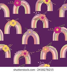 Trendy seamless pattern with colorful rainbow on color background. Design for invitation, poster, card, fabric, textile, fabric. Cute holiday illustration for baby. Scandinavian doodle style.
