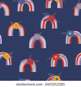 Patrón moderno y sin fisuras con el arcoiris colorido sobre el fondo del color. Diseño para invitación, afiche, tarjeta, tela, textil, tela. Ilustración de vacaciones para el bebé. Estilo de doodle escandinavo.