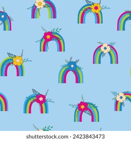 Patrón moderno y sin fisuras con el arcoiris colorido sobre el fondo del color. Diseño para invitación, afiche, tarjeta, tela, textil, tela. Ilustración de vacaciones para el bebé. Estilo de doodle escandinavo.
