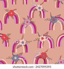 Patrón sin costuras de moda con arco iris colorido sobre fondo de color. Diseño para invitación, póster, tarjeta, tela, textil, tela. Ilustración linda de las vacaciones para el bebé. Estilo de garabato escandinavo.