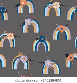 Trendy seamless pattern with colorful rainbow on color background. Design for invitation, poster, card, fabric, textile, fabric. Cute holiday illustration for baby. Scandinavian doodle style.