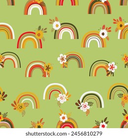 Trendy seamless pattern with colorful rainbow on color background. Design for invitation, poster, card, fabric, textile, fabric. Cute holiday illustration for baby. Scandinavian doodle style.