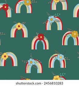 Trendloses Muster mit buntem Regenbogen auf farbigem Hintergrund. Design für Einladung, Poster, Karte, Stoff, Textil, Stoff. Nette Feiertags-Illustration für Baby. Skandinavischer Doodle-Stil.