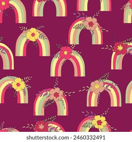 Trendy seamless pattern with colorful rainbow on color background. Design for invitation, poster, card, fabric, textile, fabric. Cute holiday illustration for baby. Scandinavian doodle style.
