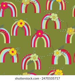 Trendy seamless pattern with colorful rainbow on color background. Design for invitation, poster, card, fabric, textile, fabric. Cute holiday illustration for baby. Scandinavian doodle style.